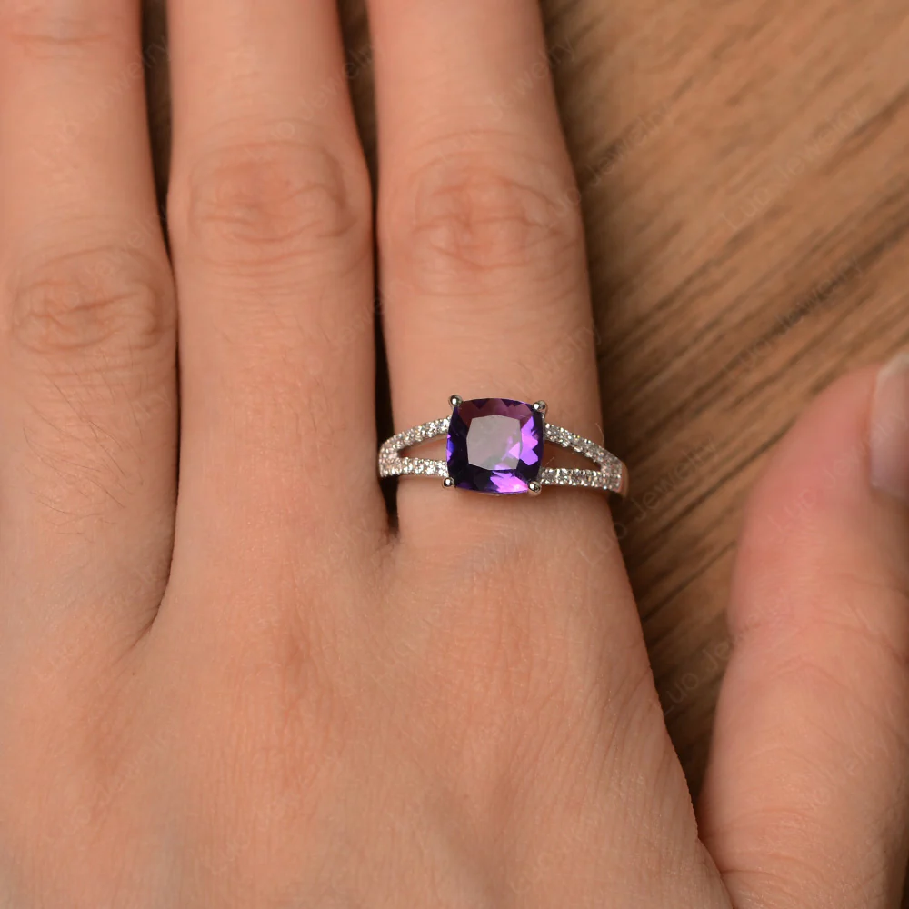 Cushion Cut Amethyst Split Shank Ring - Image 4