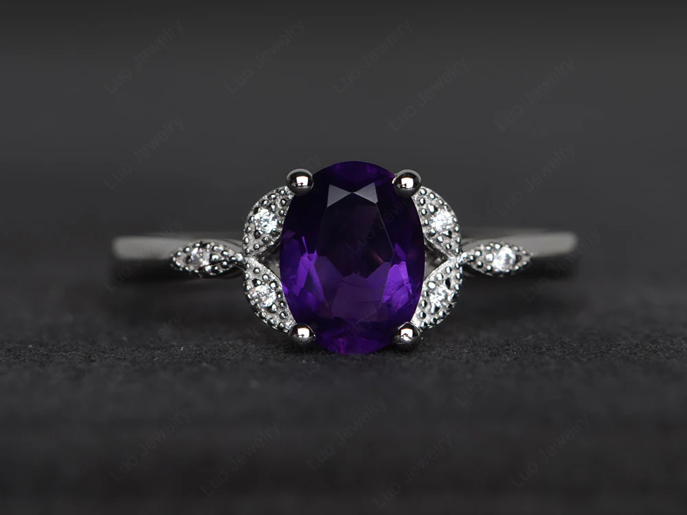 Oval Amethyst Leaf Engagement Ring