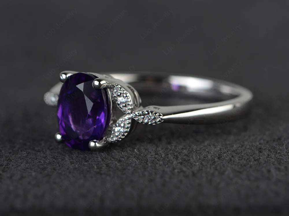 Oval Amethyst Leaf Engagement Ring - Image 2