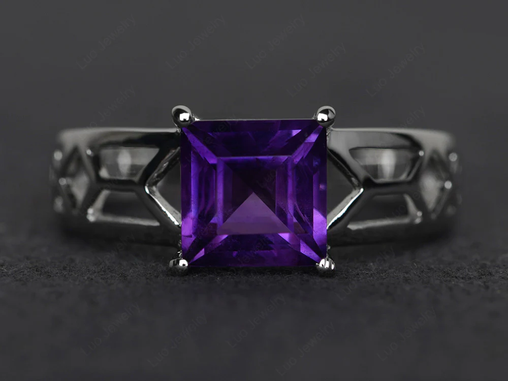 Amethyst Solitaire Ring Wide Band