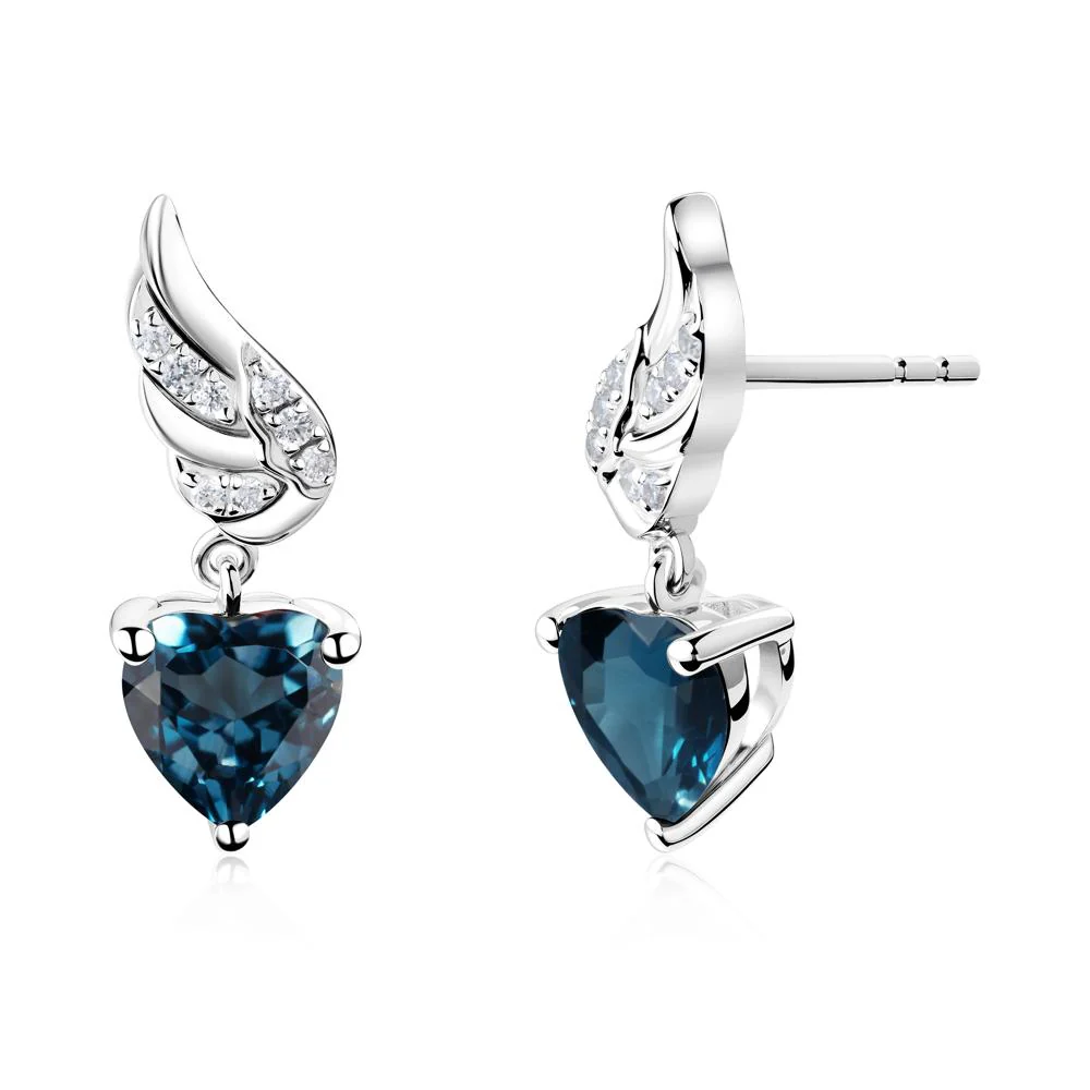 Angel Wing Heart Shaped London Blue Topaz Stud Earrings - Image 6