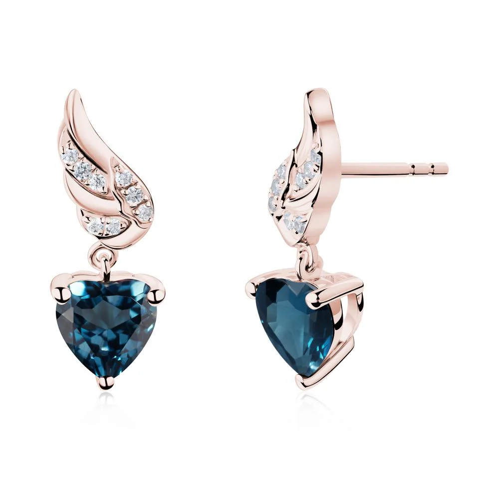 Angel Wing Heart Shaped London Blue Topaz Stud Earrings - Image 7
