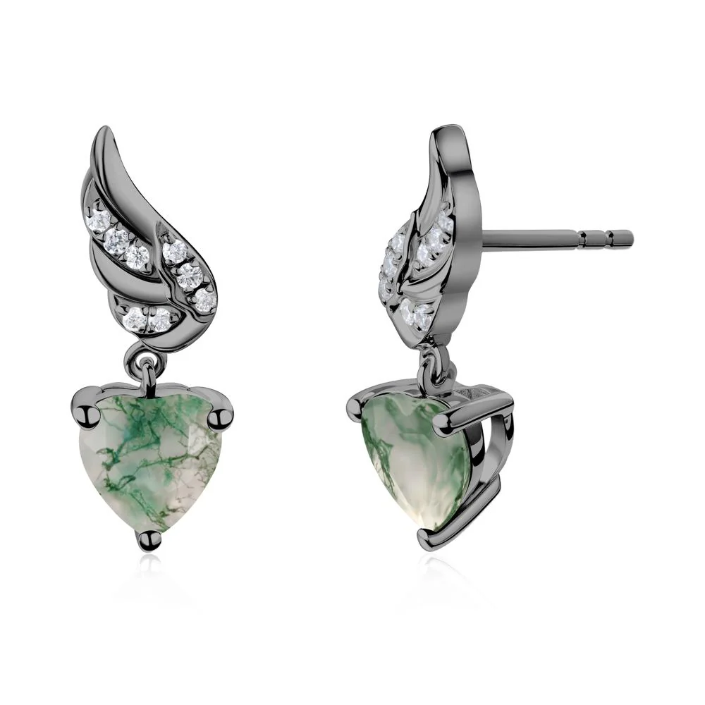 Angel Wing Heart Shaped Moss Agate Stud Earrings