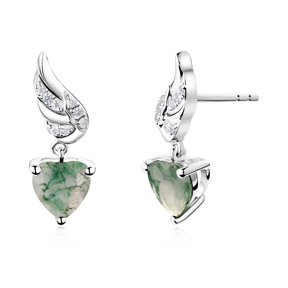 Angel Wing Heart Shaped Moss Agate Stud Earrings - Image 4