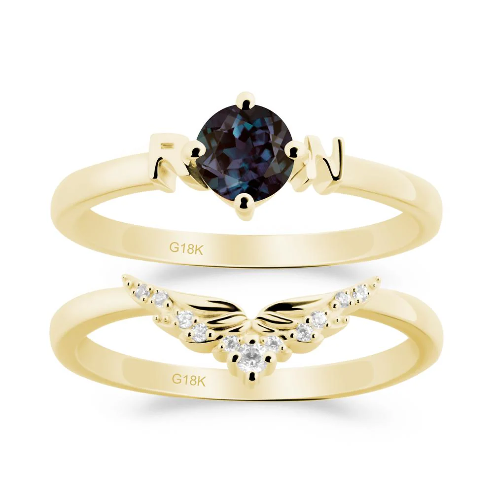 Angel Wings Alexandrite Wedding Ring Set