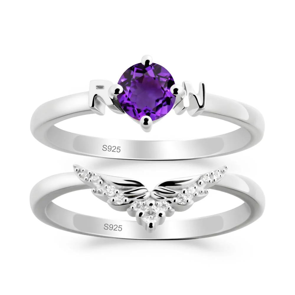 Angel Wings Amethyst Wedding Ring Set