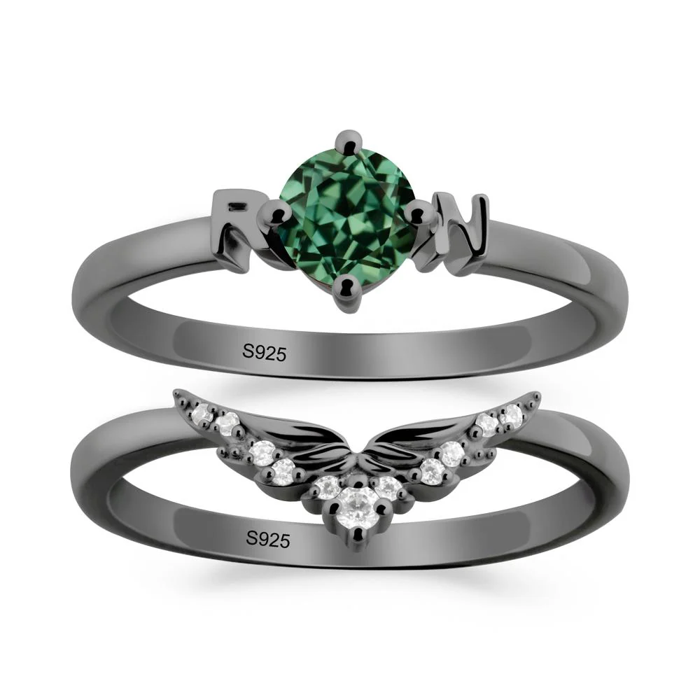 Angel Wings Green Sapphire Wedding Ring Set