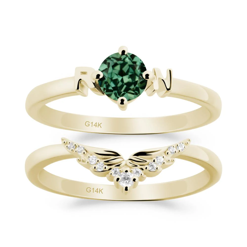Angel Wings Green Sapphire Wedding Ring Set - Image 2