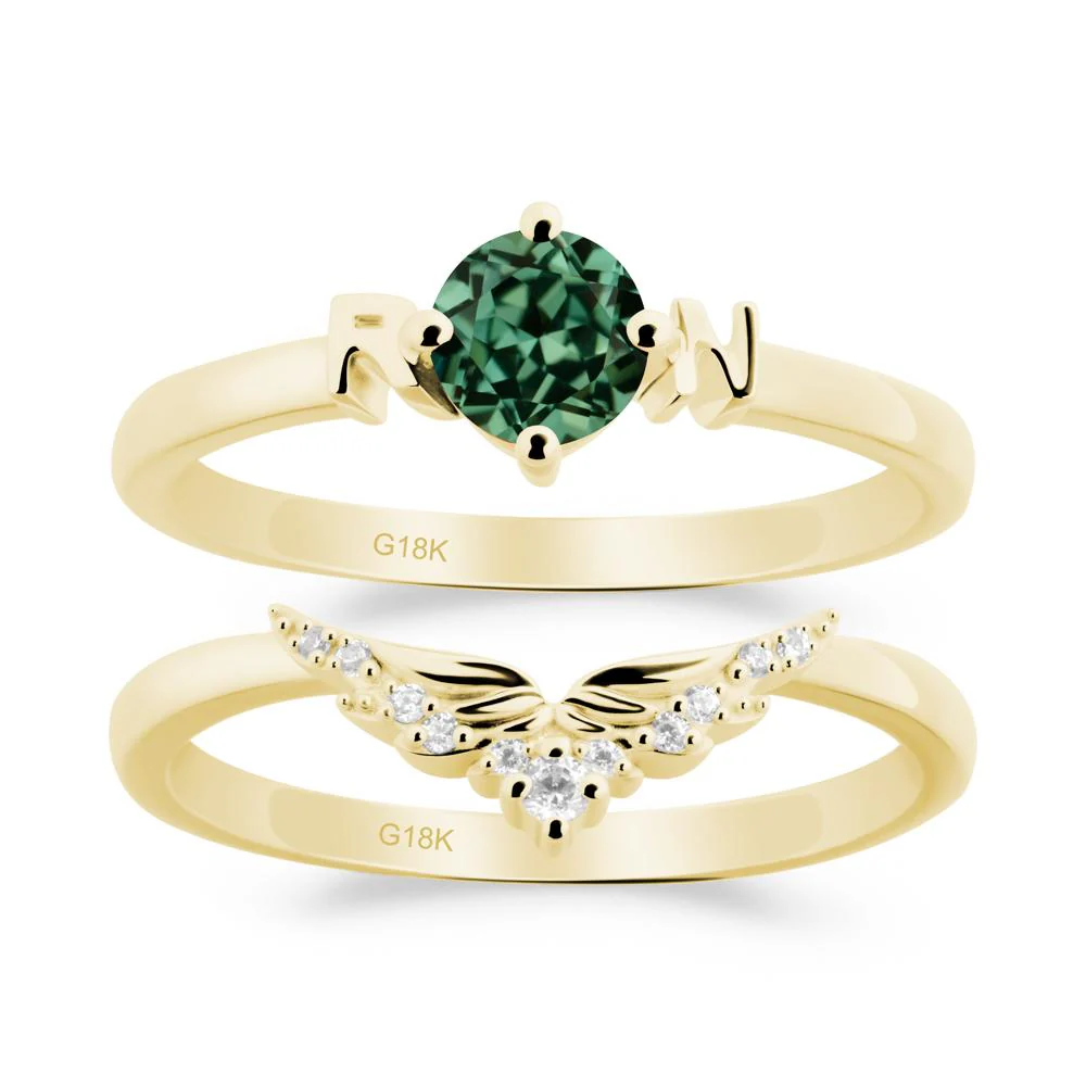 Angel Wings Green Sapphire Wedding Ring Set - Image 3