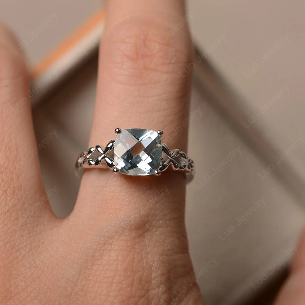 Antique Cushion Cut Aquamarine Solitaire Ring - Image 4