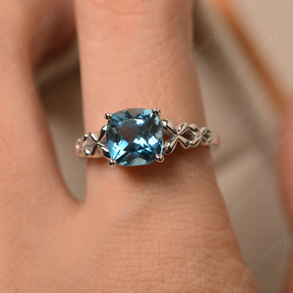 Antique Cushion Cut London Blue Topaz Solitaire Ring - Image 4