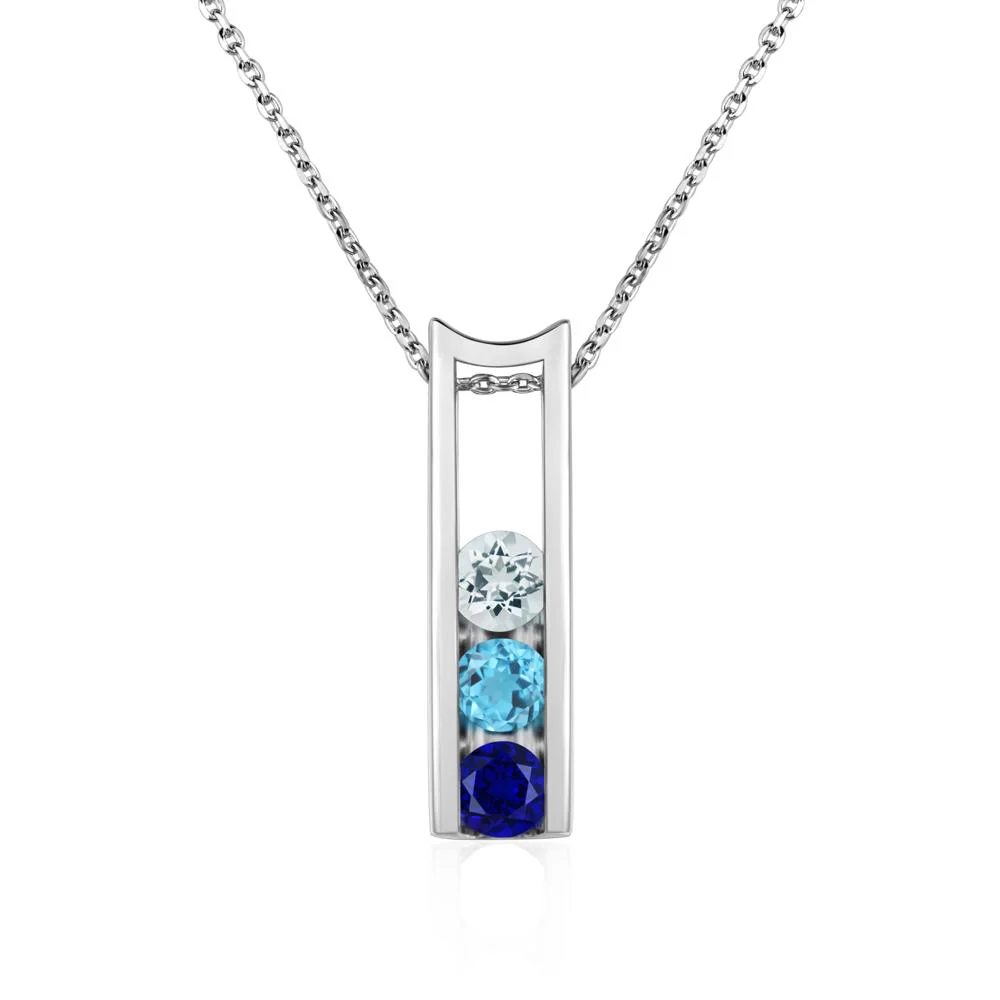 Aquamarine and Cubic Zirconia and Sapphire Three Stone Necklace - Image 3