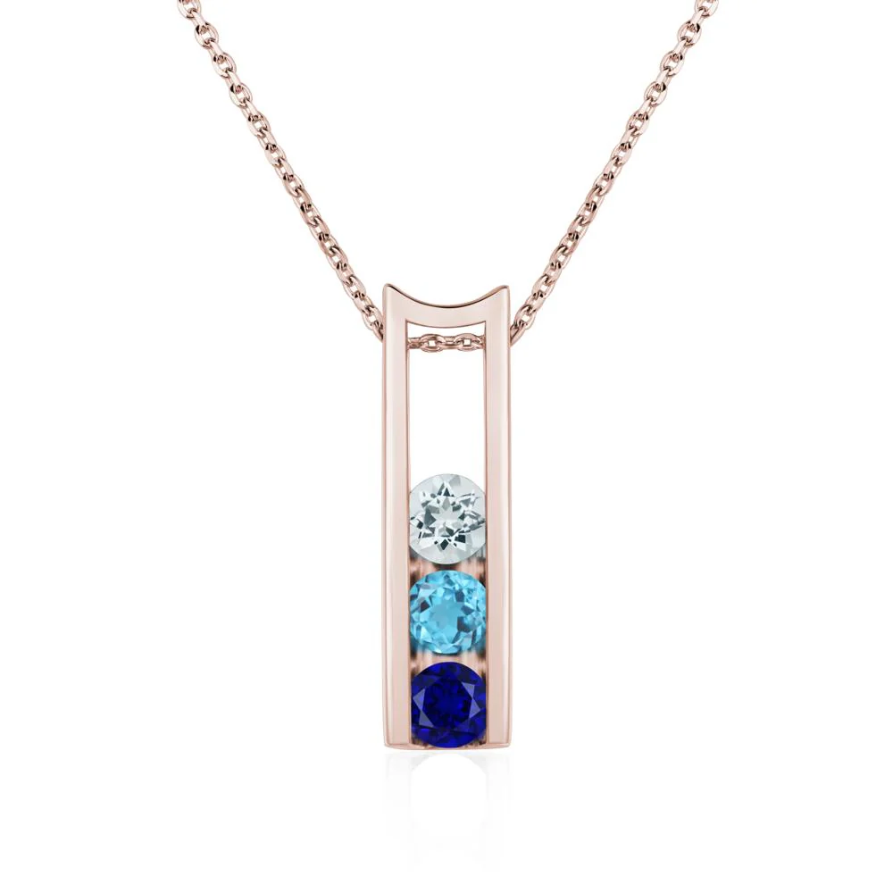 Aquamarine and Cubic Zirconia and Sapphire Three Stone Necklace - Image 5