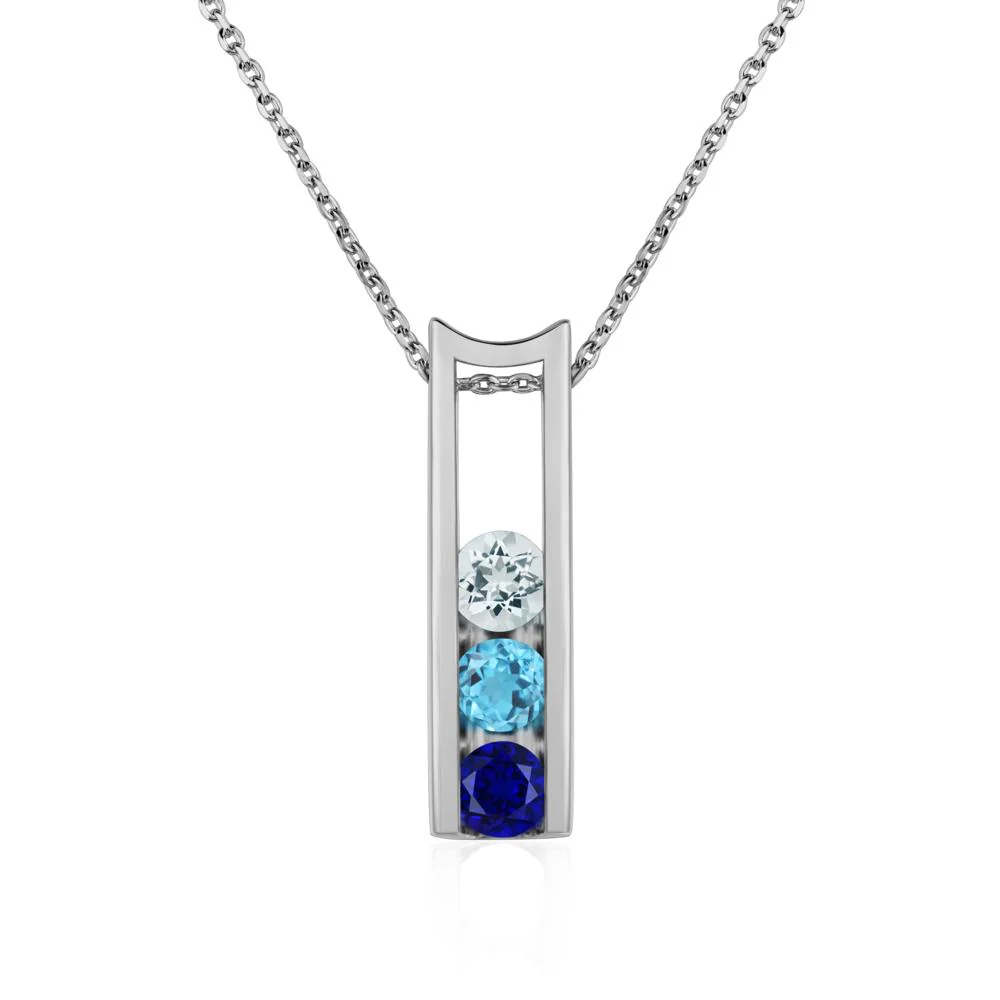 Aquamarine and Cubic Zirconia and Sapphire Three Stone Necklace - Image 6