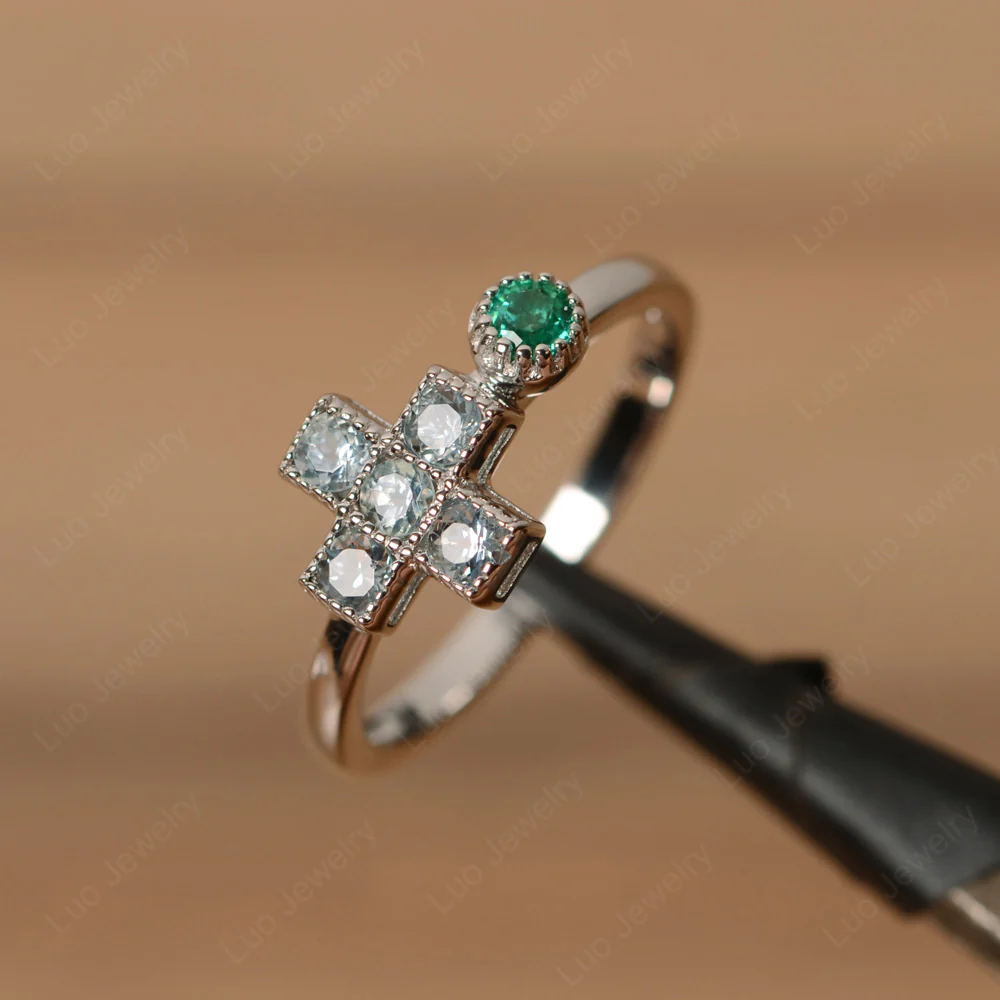 Aquamarine and Emerald 6 Stones Cross Mothers Ring