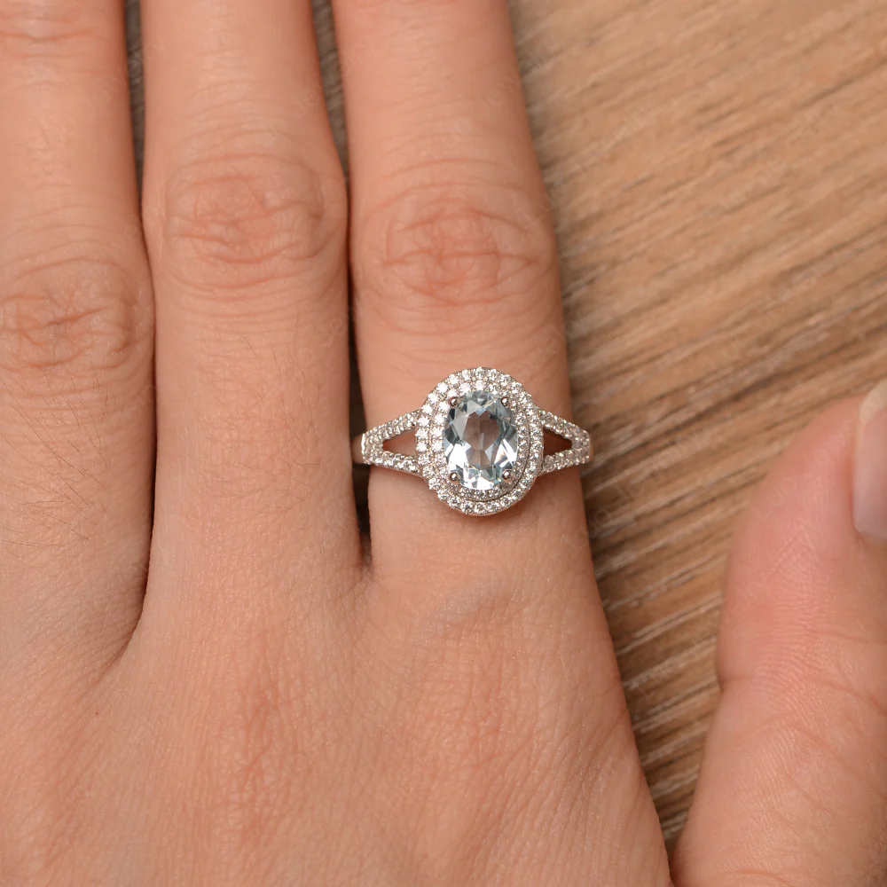Aquamarine Double Halo Oval Engagement Ring - Image 4