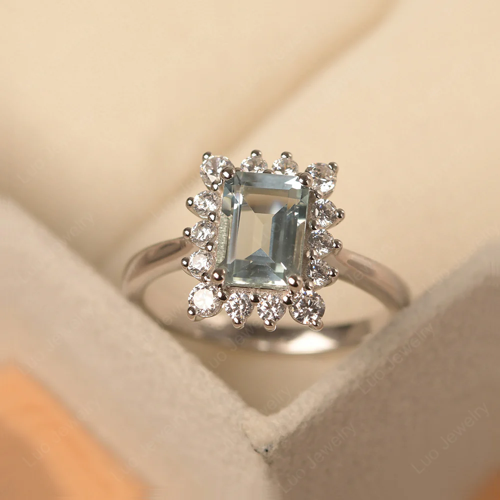 Aquamarine Emerald Cut Halo Ring