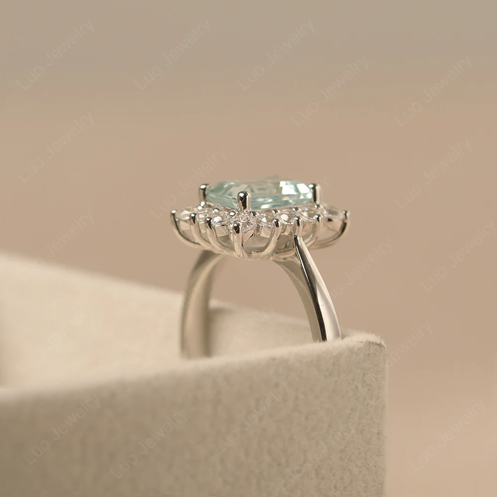 Aquamarine Emerald Cut Halo Ring - Image 4
