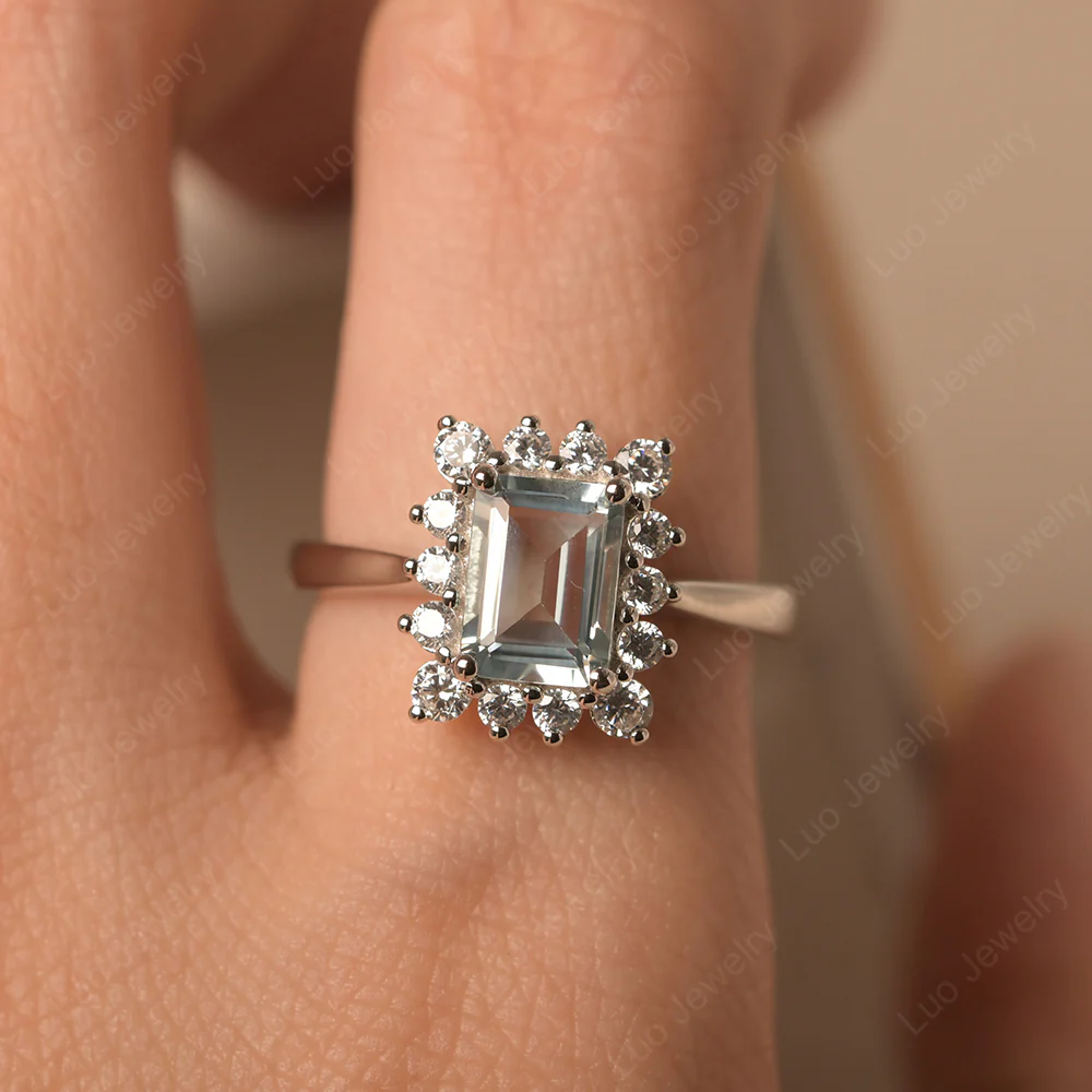 Aquamarine Emerald Cut Halo Ring - Image 5