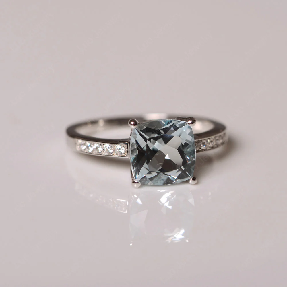 Simple Cushion Cut Aquamarine Promise Ring - Image 3