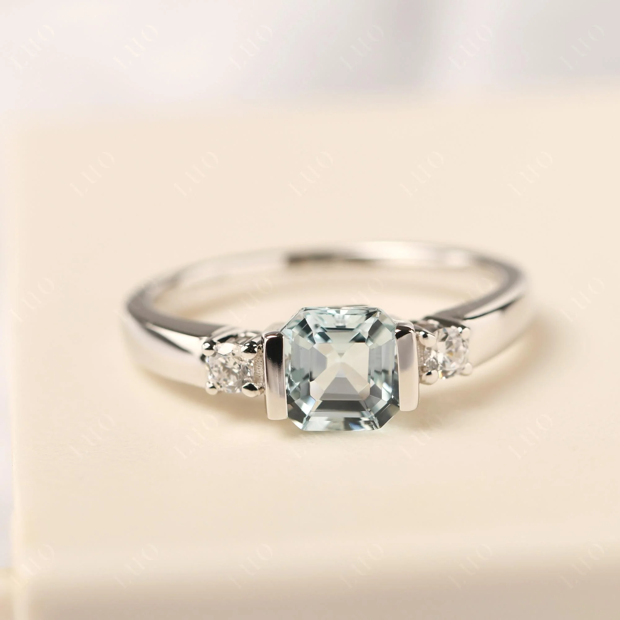 Aquamarine Half Bezel Set Asscher Cut Ring - Image 10