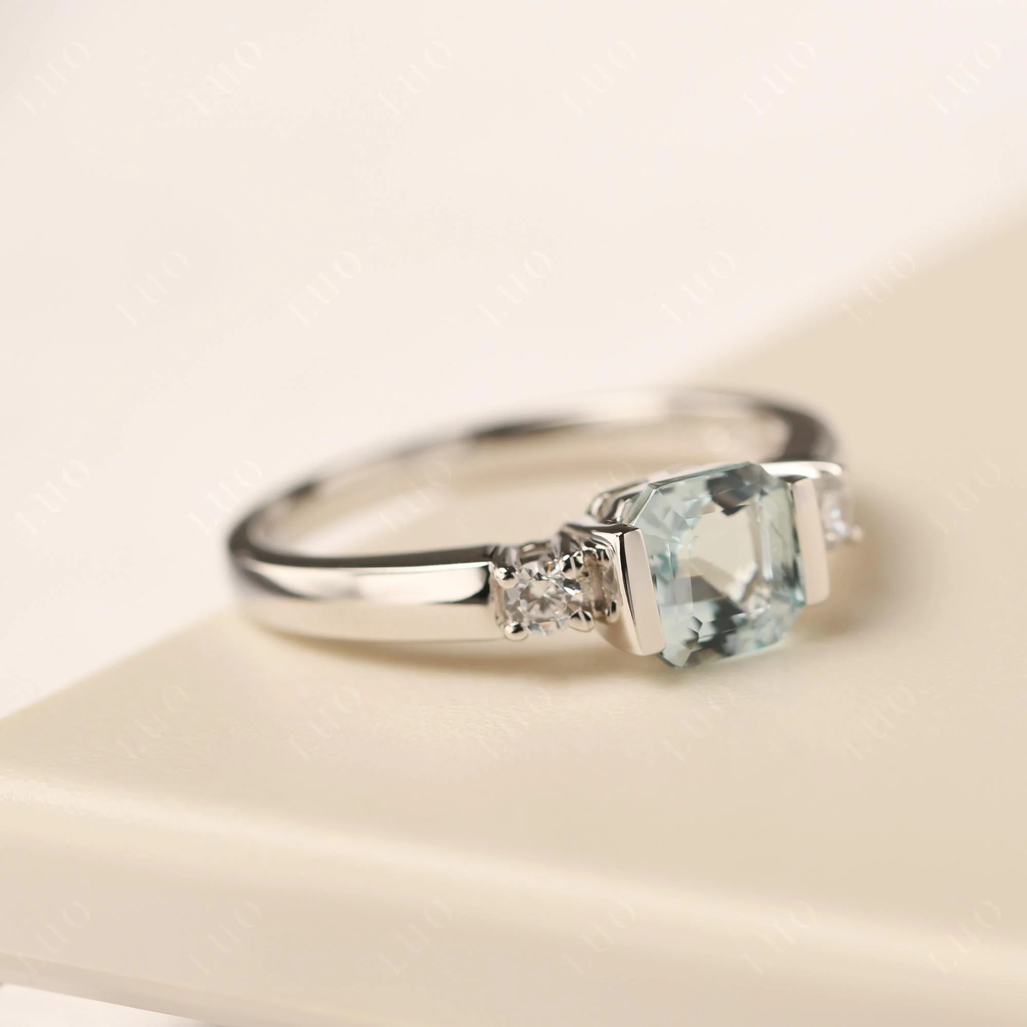 Aquamarine Half Bezel Set Asscher Cut Ring - Image 11