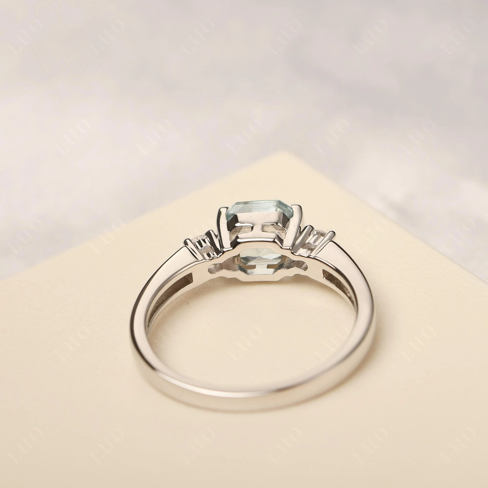 Aquamarine Half Bezel Set Asscher Cut Ring - Image 12