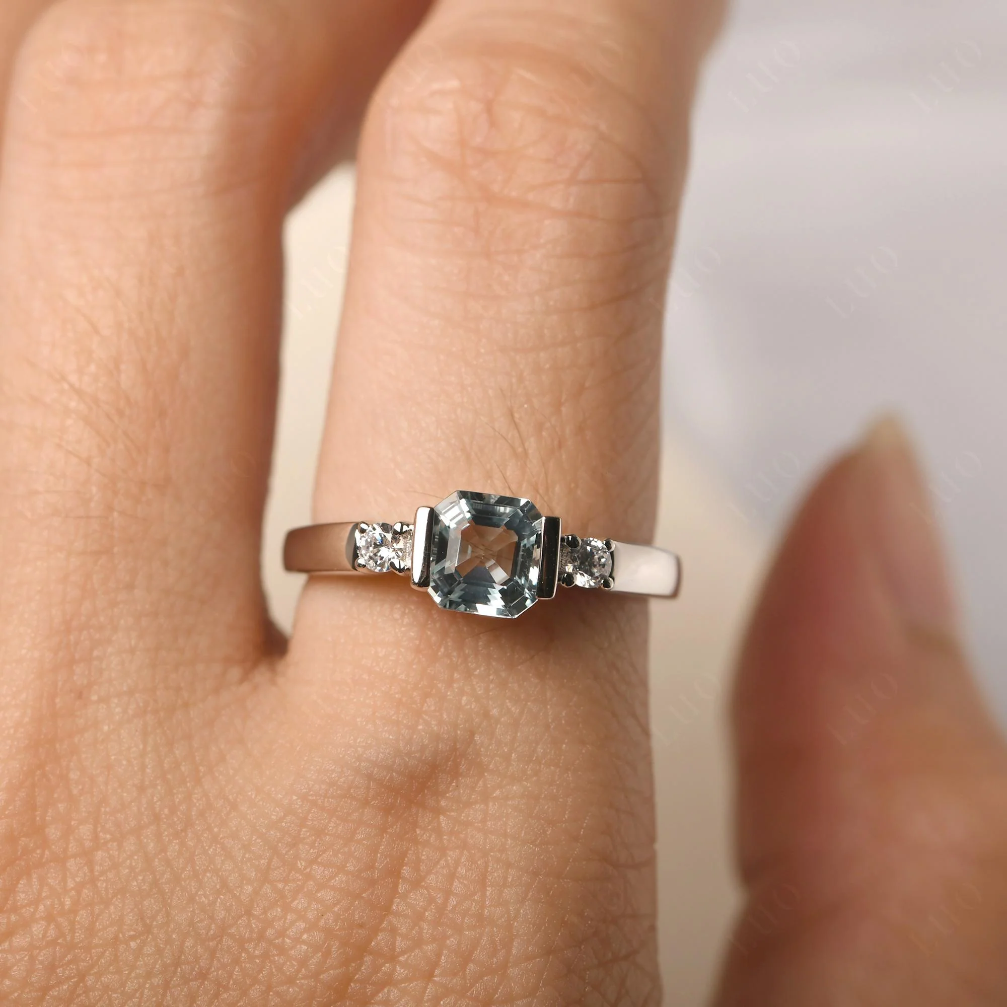 Aquamarine Half Bezel Set Asscher Cut Ring - Image 14
