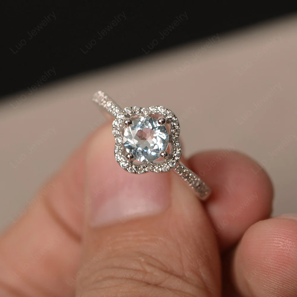 Aquamarine Halo Flower Engagement Ring