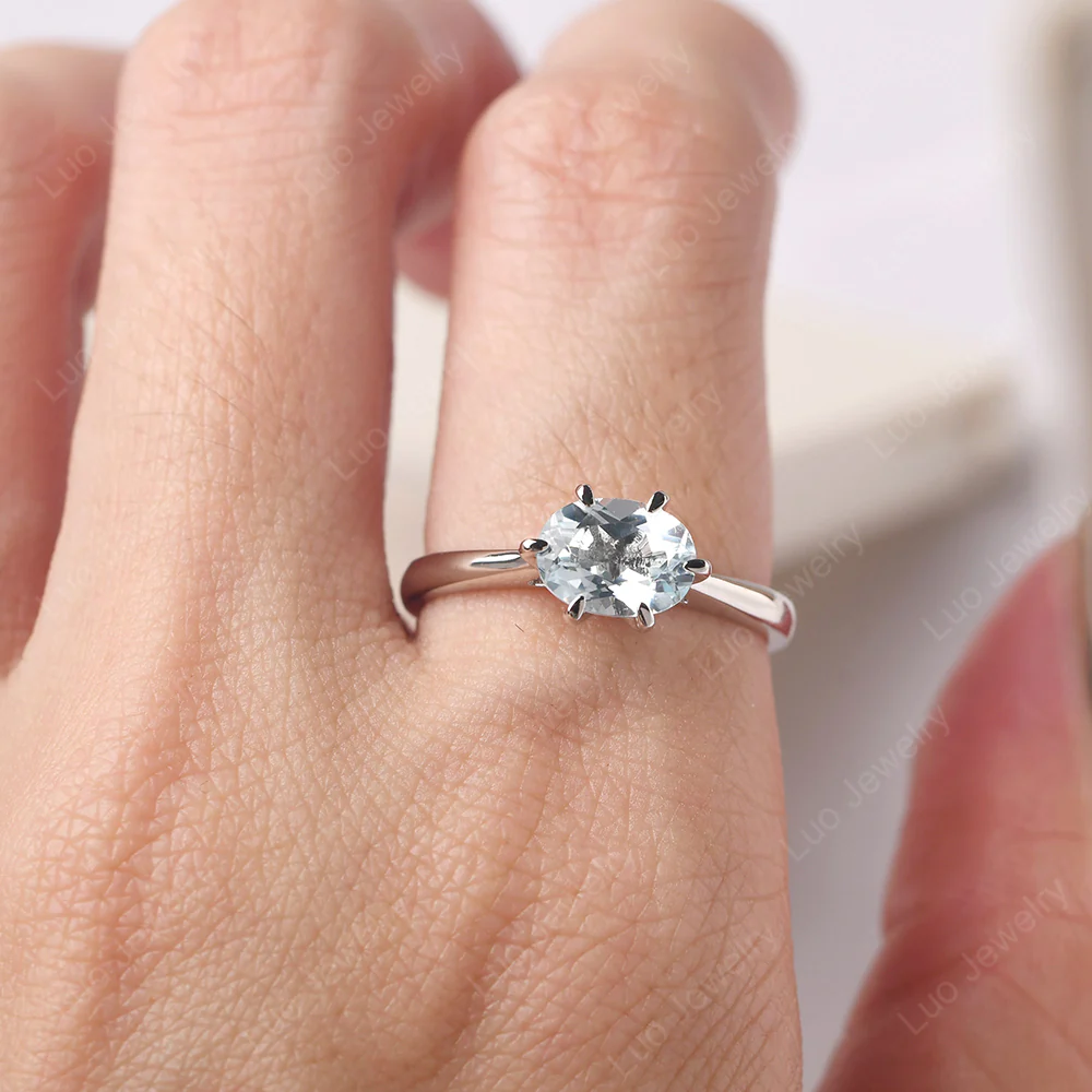 Aquamarine Six Prong Oval Engagement Ring - Image 5