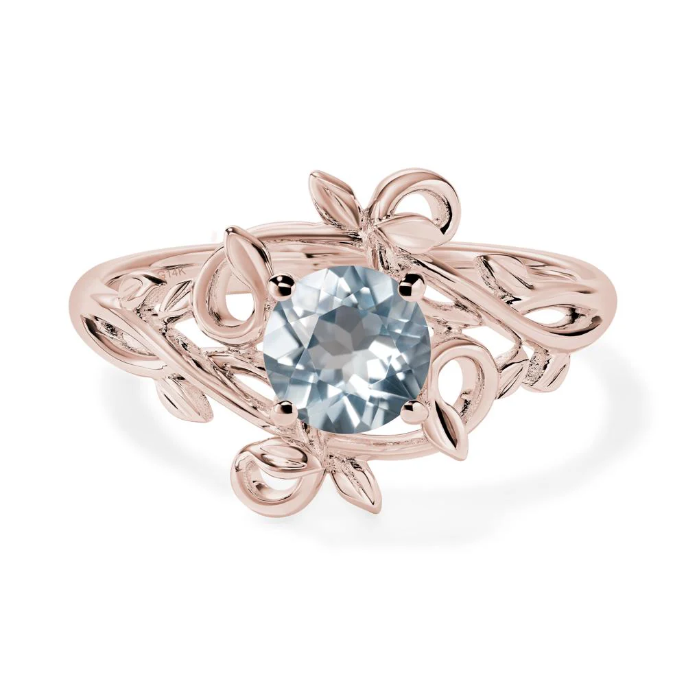 Round Cut Aquamarine Leaf Ring