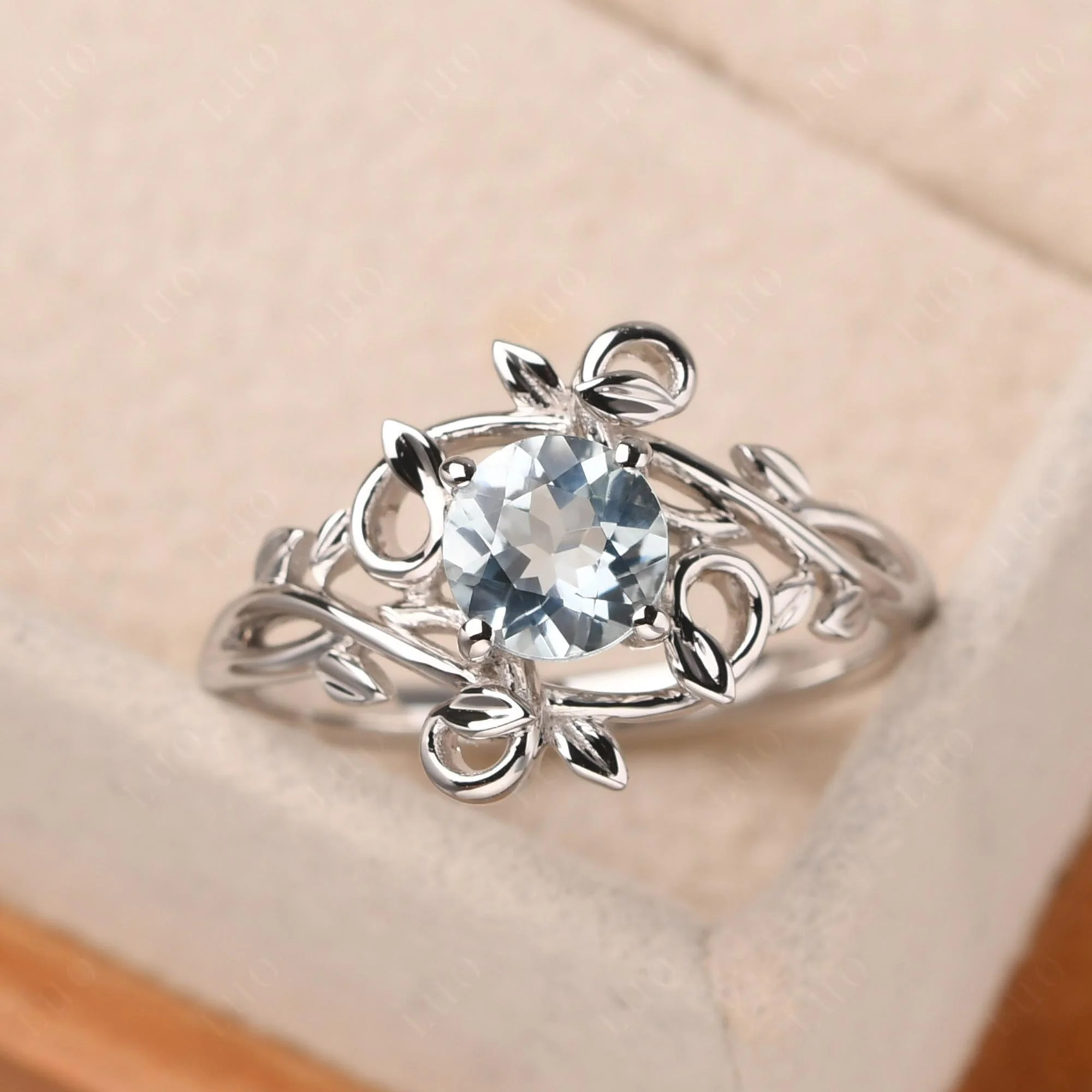 Round Cut Aquamarine Leaf Ring - Image 10