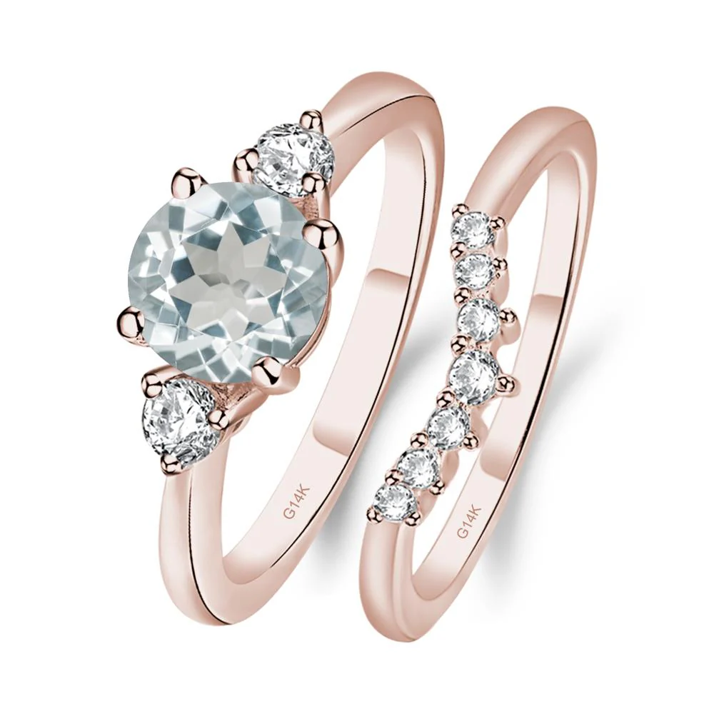 Round Aquamarine Wedding Ring Set