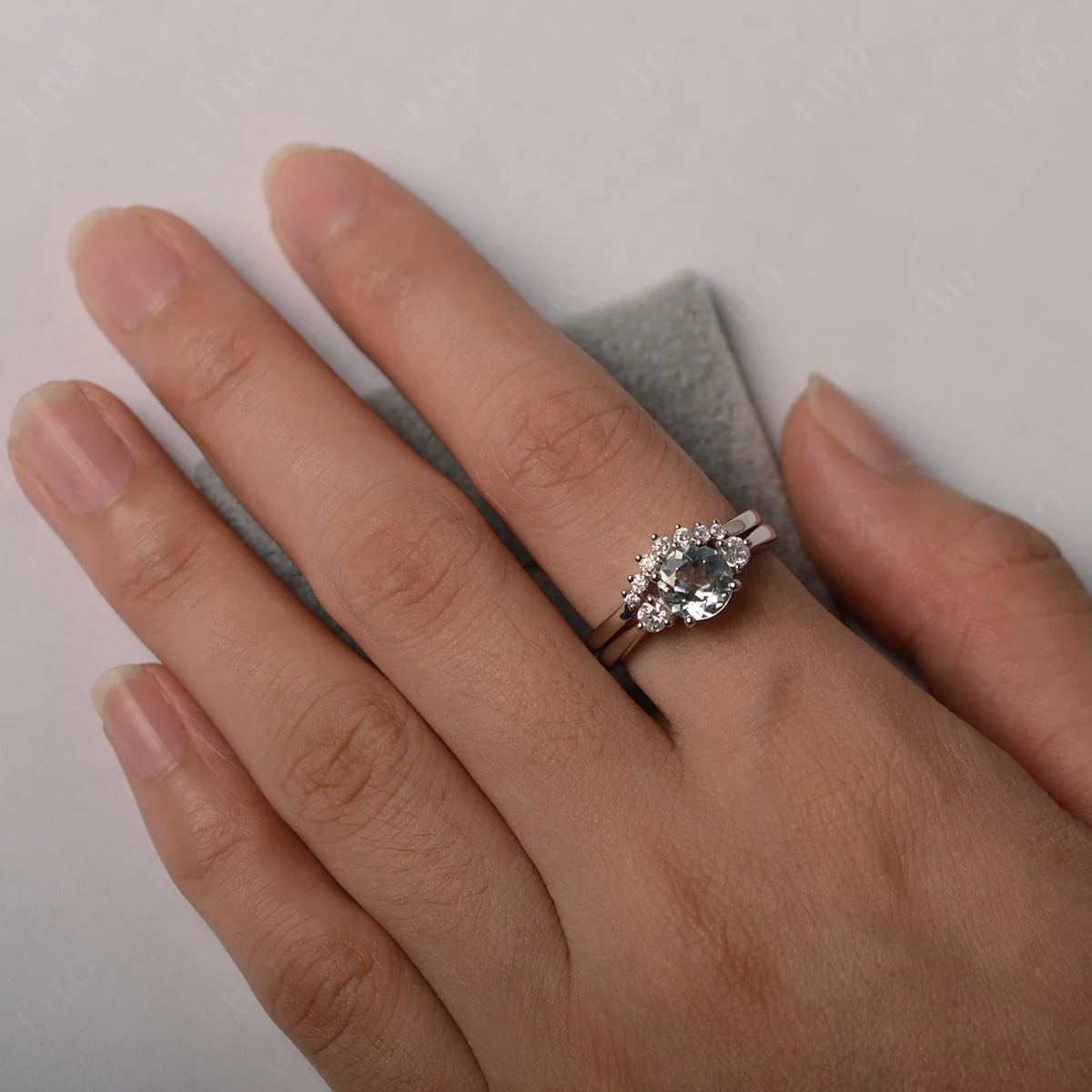 Round Aquamarine Wedding Ring Set - Image 14