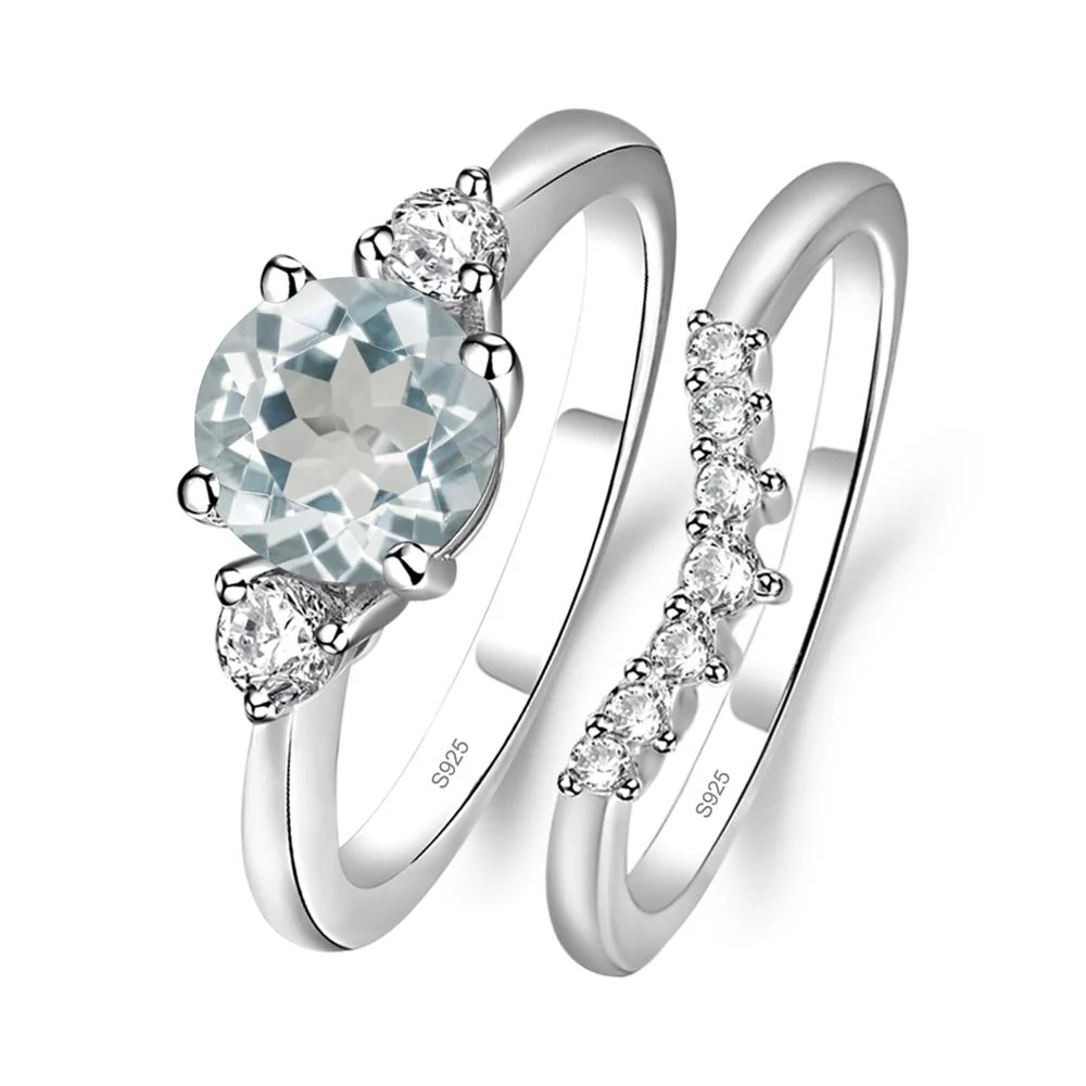 Round Aquamarine Wedding Ring Set - Image 2