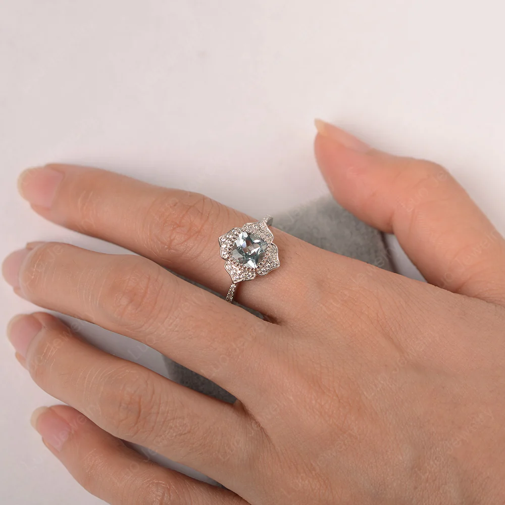 Cushion Aquamarine Bezel Set Halo Floral Ring - Image 3