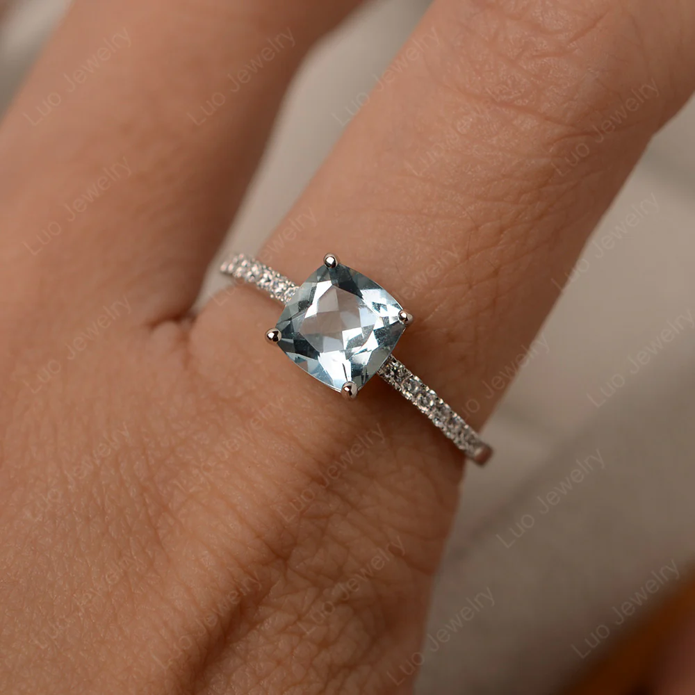 Cushion Cut Aquamarine Promise Ring - Image 4