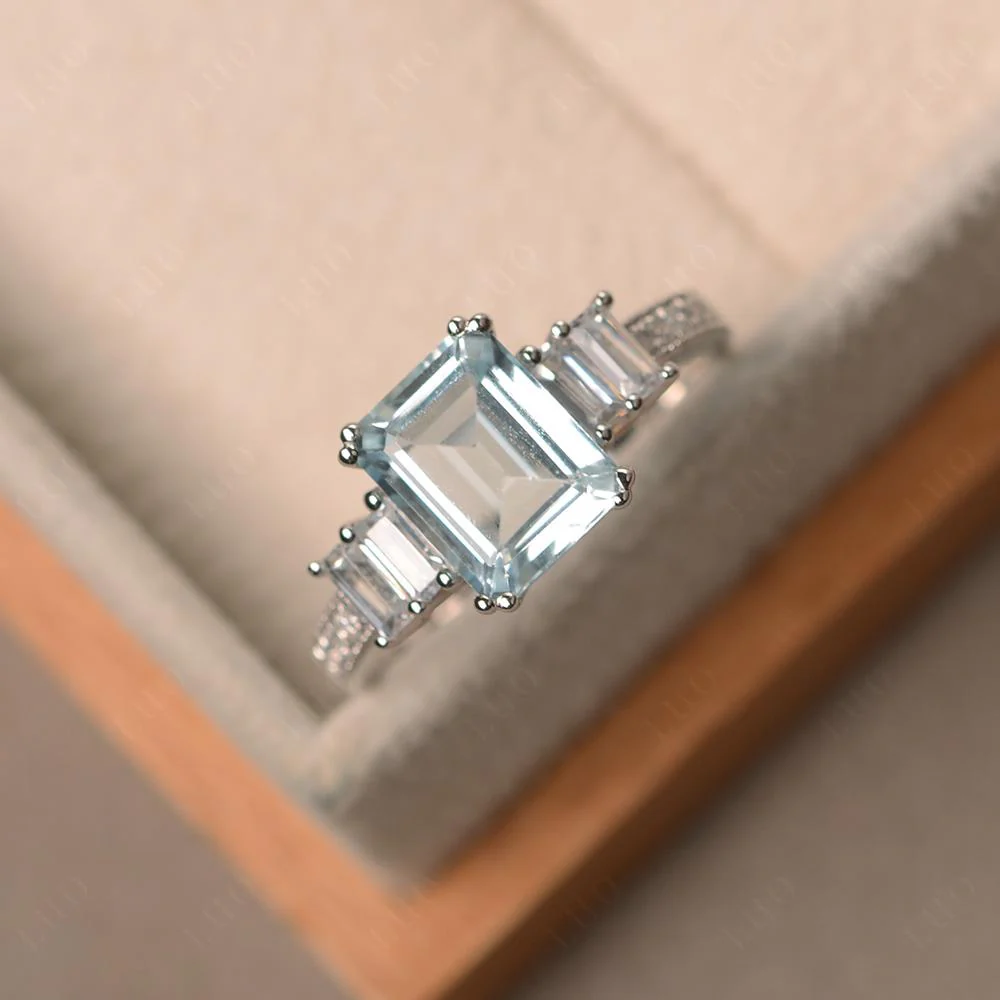 Double Prong Emerald Cut Aquamarine Ring - Image 29