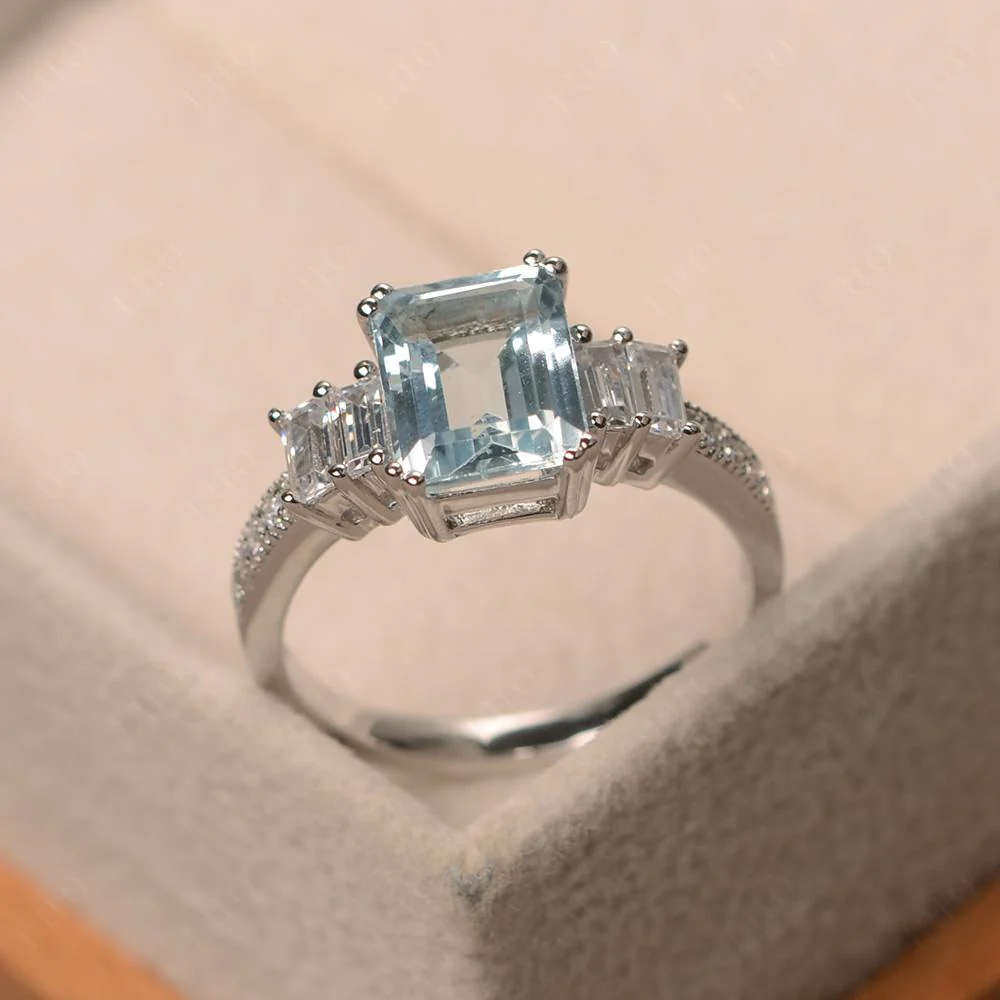 Double Prong Emerald Cut Aquamarine Ring - Image 30