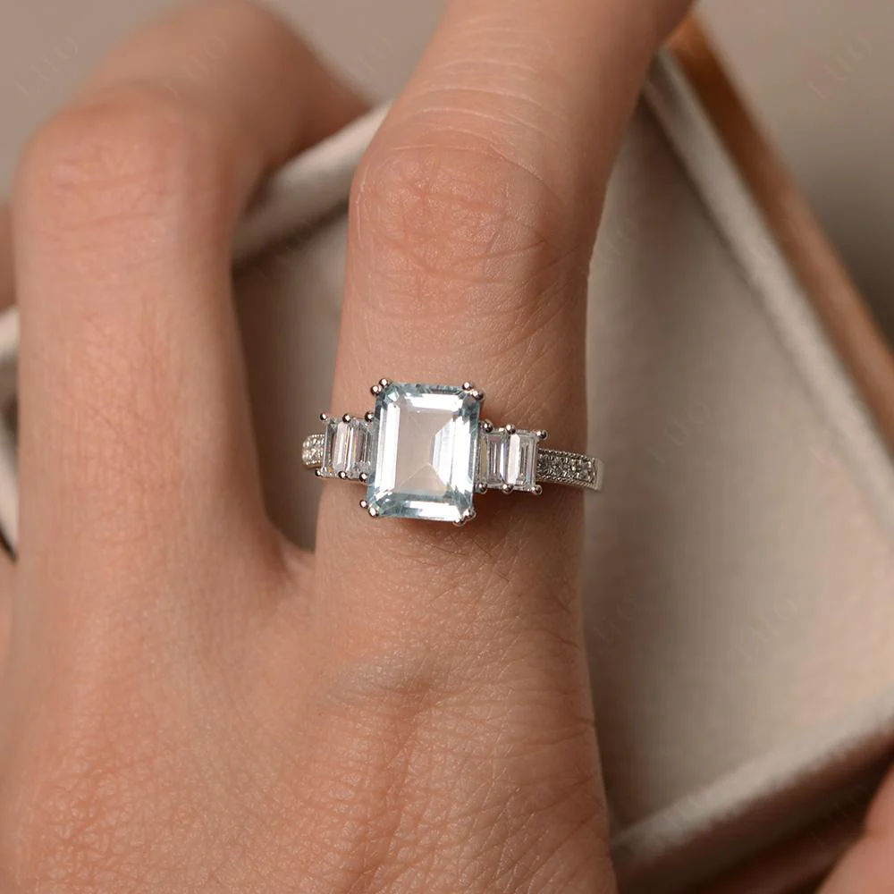 Double Prong Emerald Cut Aquamarine Ring - Image 32