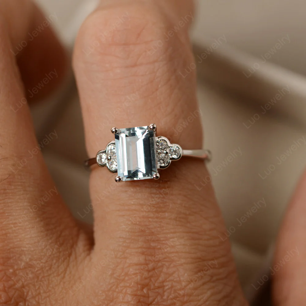 Emerald Cut Aquamarine Ring with Trio - Image 4