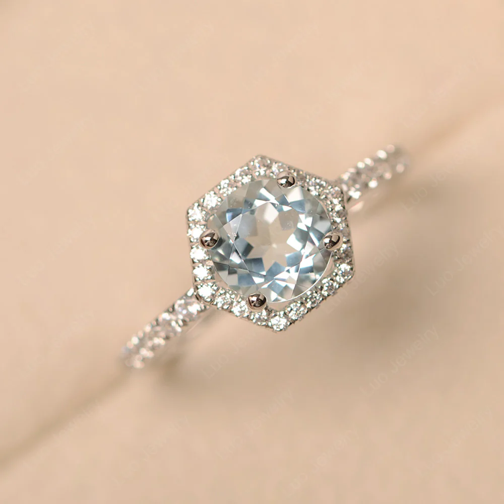 Aquamarine Hexagon Halo Engagement Ring