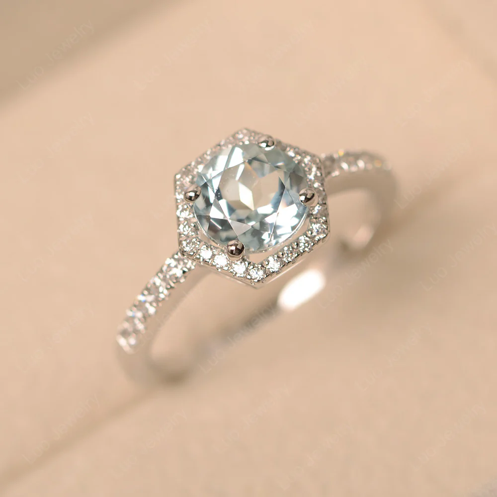 Aquamarine Hexagon Halo Engagement Ring - Image 2
