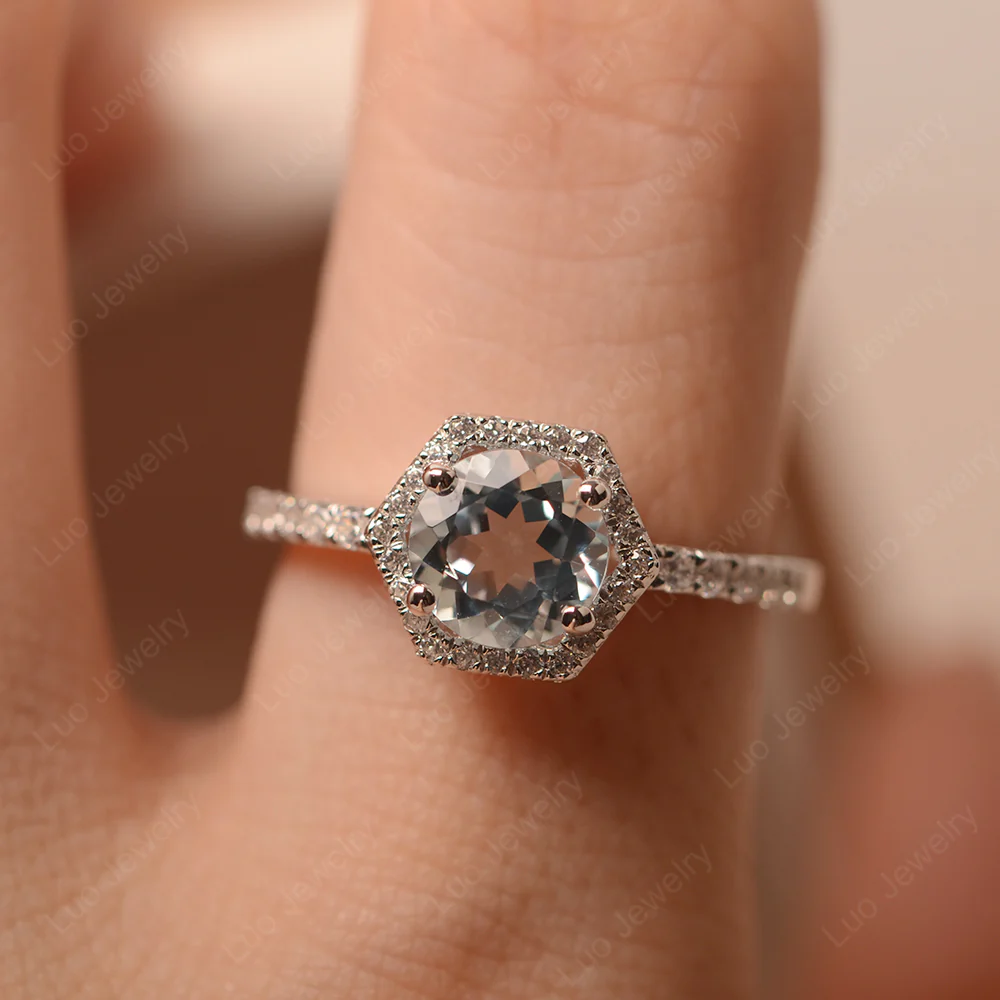 Aquamarine Hexagon Halo Engagement Ring - Image 5