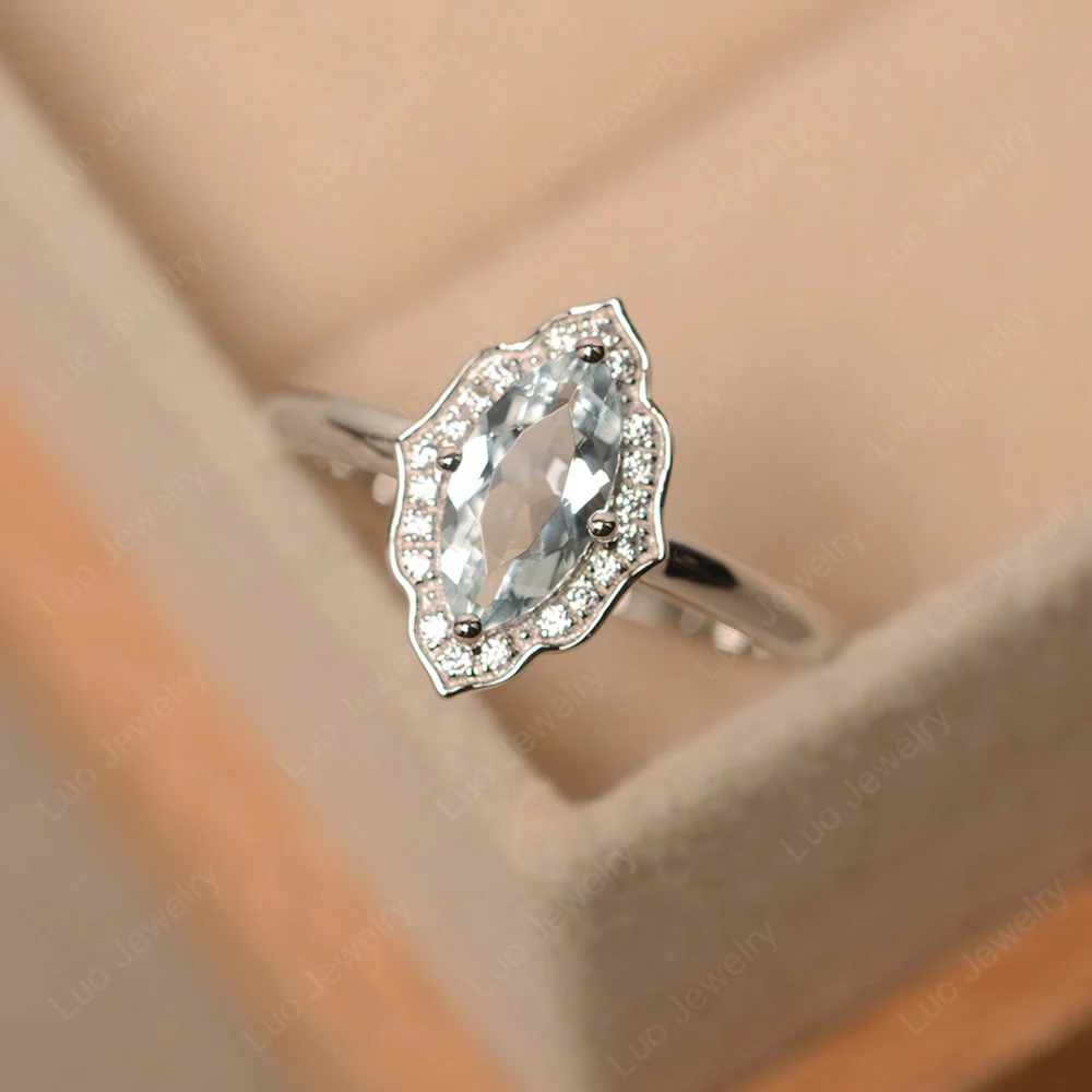 Marquise Cut Aquamarine Halo Engagement Ring - Image 2
