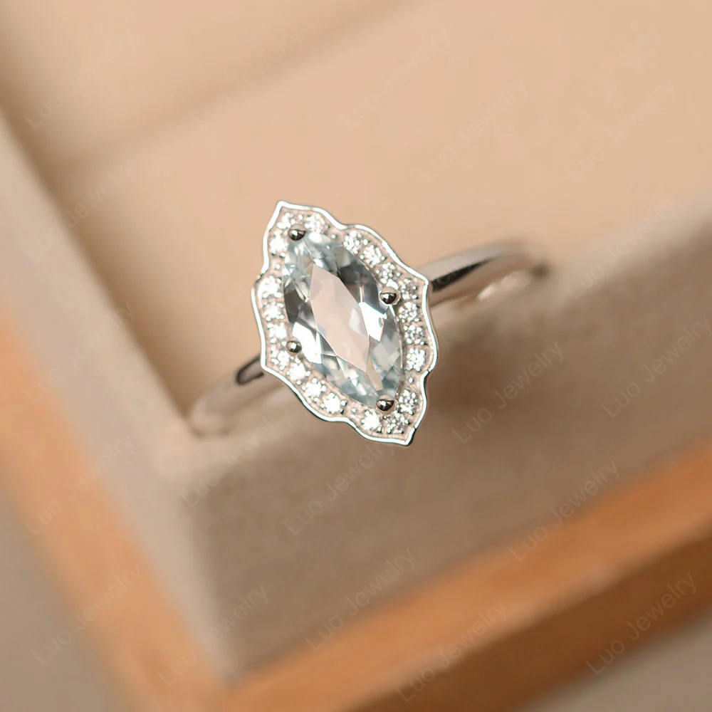 Marquise Cut Aquamarine Halo Engagement Ring - Image 3