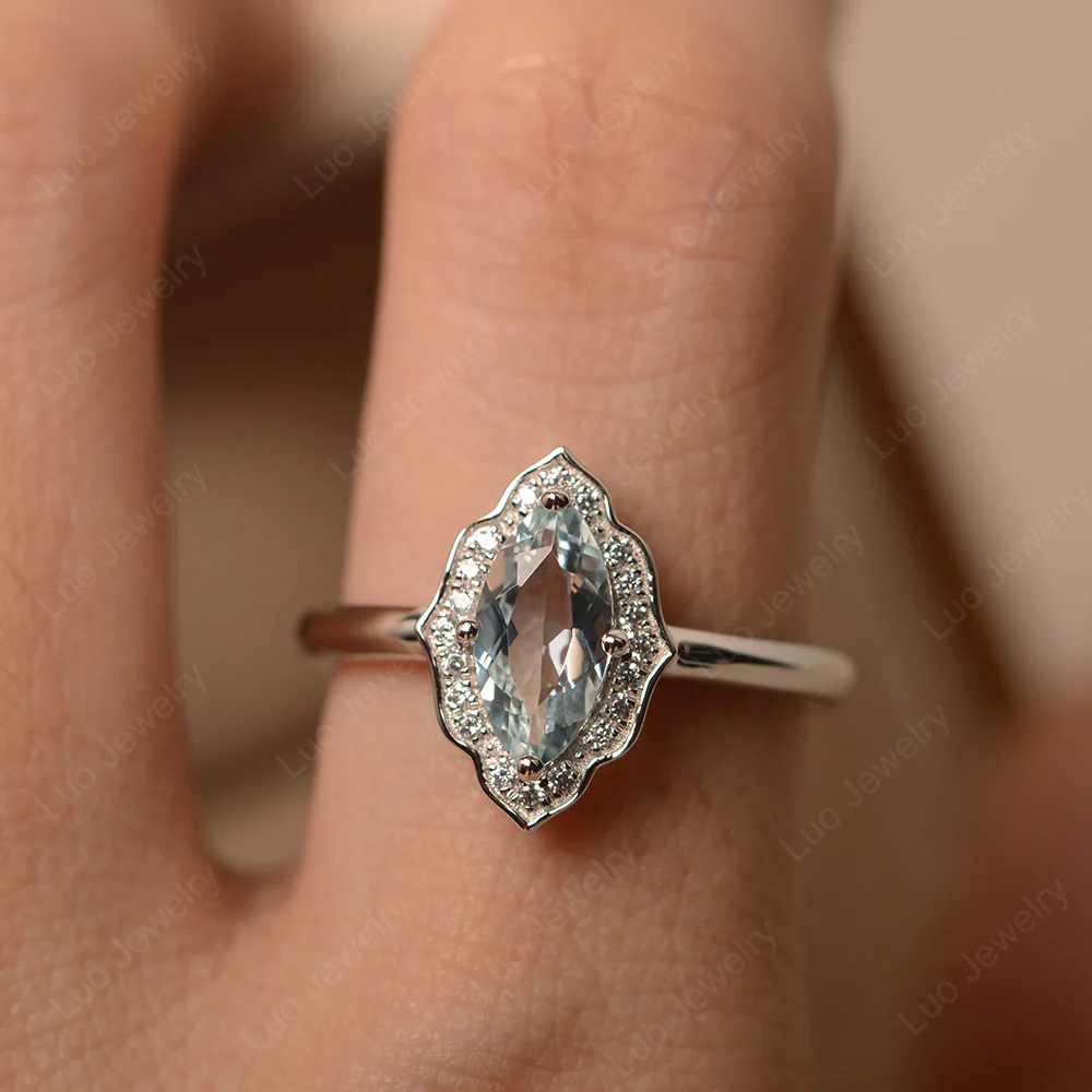 Marquise Cut Aquamarine Halo Engagement Ring - Image 6