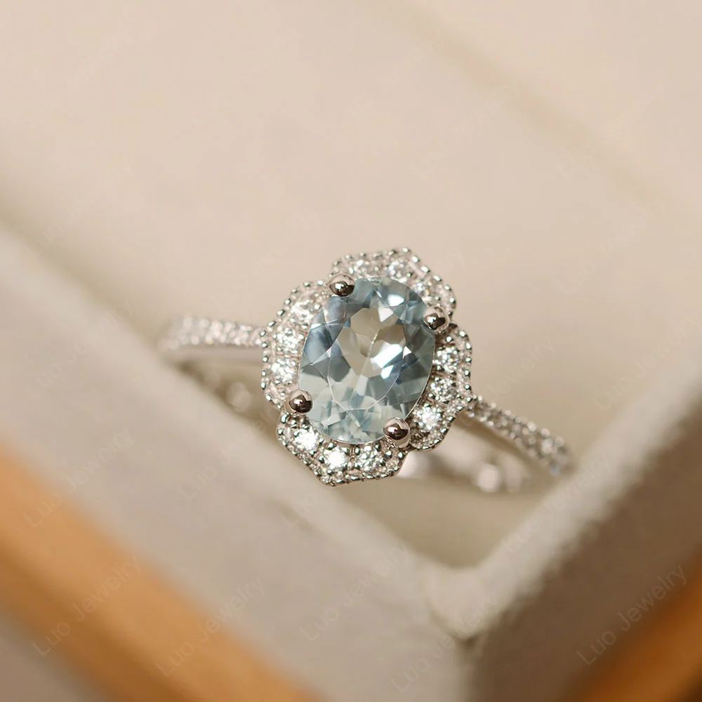 Milgrain Halo Aquamarine Engagement Ring