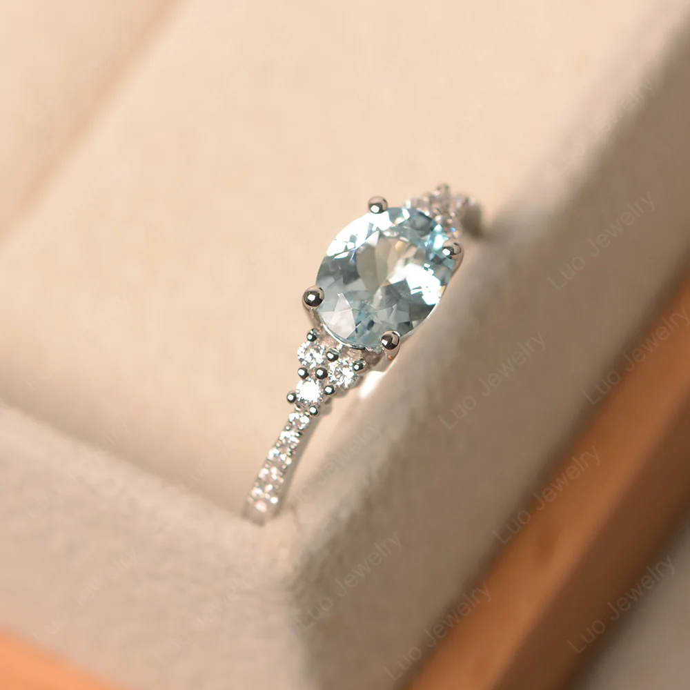 Horizontal Oval Cut Aquamarine Engagement Ring - Image 2