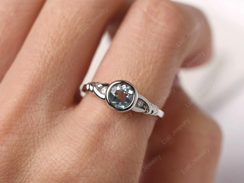 Aquamarine Ring Round Bezel Engagement Ring - Image 5
